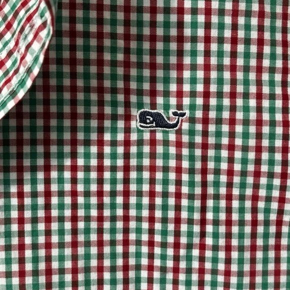 Vineyard Vines Boys Whale Shirt XL (18) Cotton Red Green White Plaid Long Sleeve - Picture 2 of 3